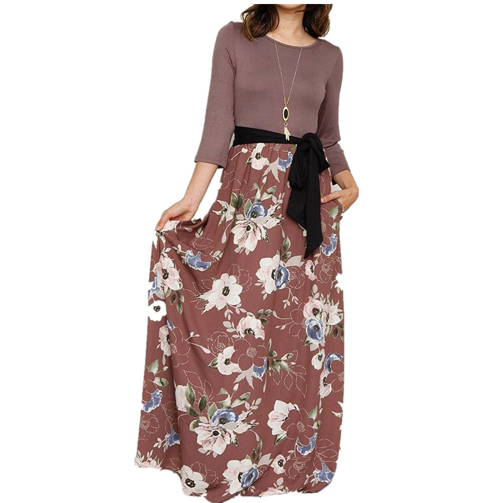 亞馬遜爆款女裝 歐美印花連衣裙 印花大擺長裙 有口袋 腰帶